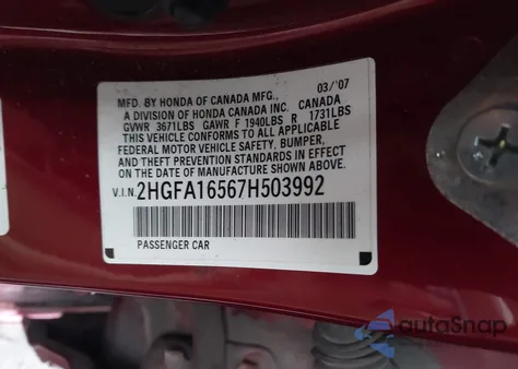 2007 Honda Civic Lx из США, поврежденный, VIN 2HGFA16567H503992